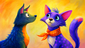 A cartoonish skinny hairy feral cat and dog, looking each other with big round eyes, black ears and light brown fur.
they wears a red and blue scarf with white polka dots tied around his neck.
Their eyes are very expressive, giving a friendly and curious feeling.
The visible texture suggests that the work is painted on old and damage wood background.
It is a very colorful and cheerful artistic painting