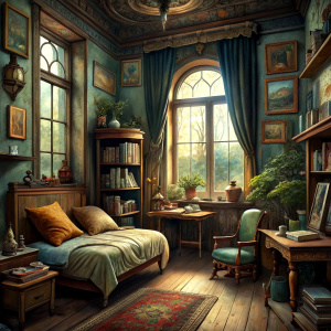 victorian single apartment poor room with paintings and books