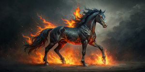realistic a black fire horse with abstract dark background
