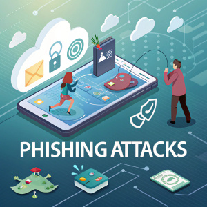 Infografía sobre ciberseguridad con énfasis en los ataques de phishing. Incluye un smartphone y figuras de dibujos animados en una escena digital, con texto en español que ofrece información sobre cómo prevenir los ataques de phishing.