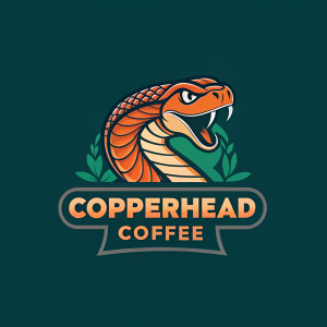 Vibrant logo design for Copperhead Coffe. Stylized, fierce-looking copperhead snake's head in shades of orange and green. Below, the text 'Copperhead Coffe' in a bold, modern font.