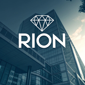Modern logo design for 'RION'. Features a sleek, geometric emblem resembling a diamond or grid pattern. Clean sans-serif font. Flat design.
