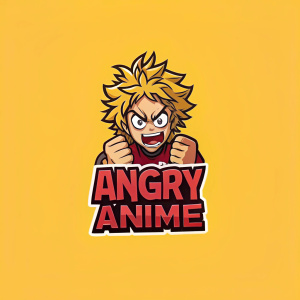 Angry anime character logo with bold red and black text on a bright yellow background.