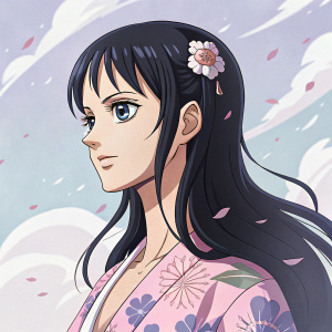 Digital artwork of Nico Robin from One Piece. Pre-timeskip appearance, detailed hair and face, soft pastel aesthetic, abstract background