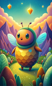 sweet bee with fat cheeks with round face  and two antenna collecting diamonds in a jar in a wonderful landscape