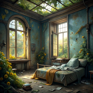 A room that is part of a detached house with high ceilings, broken and dilapidated windows, where abandoned homeless people live, and where you can see the garden from the window. A bed on the floor, a blanket with flowers on one of them. Everywhere is messy and dirty. The gray wall plaster is peeling off, the brown wallpaper is peeling off on the wall on the right. A large old crystal chandelier hangs from the ceiling. In the middle of the room is an old tattered regency style orange armchair. 