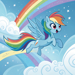 Rainbow Dash from My Little Pony in a dynamic flying pose. Bright, colorful, cartoonish background with swirling clouds and stars.