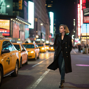 Kiernan Shipka walking down a busy New York City street at night. She wears a black trench coat and skinny jeans. The background is bustling with yellow taxi cabs and neon signs.