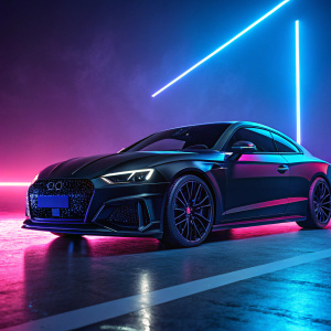 A high-tech 3D render of the Audi S5 Black Panther Edition. Dark and glossy black paint, set against a vivid neon background. Intense blue lighting highlights the car's sleek lines and bold graphics.