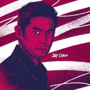 Charcoal portrait of Jay Chou, intense stare. Background swirls and lines, signature in corner.