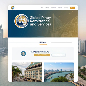 A webpage screenshot showcasing 'Global Pinoy Remittance and Services'. Highlights include a 'Billers' section featuring Meralco, Maynilad, and Manila Water logos. Layout is clean, professional, with blue, white, and gold colors. Design is user-friendly and business-oriented.