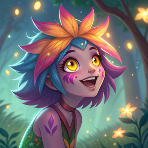 Neeko from League of Legends, digital artwork. Bright colors, playful expression.