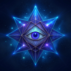 A geometric Star illustrating the idea of the 4 elements of alchemy. Futuristic and spiritual design, an eye of horus in the middle of the star.