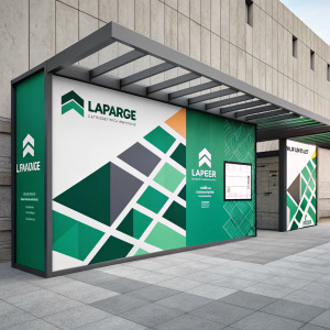 High-resolution digital design featuring Lafarge brand. Modern, sleek style with geometric shapes, green and neutral colors, repeated branding for advertising and construction purposes.