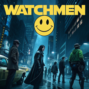 Poster for 'Watchmen'. Diverse characters in a bustling city scene. Smiley face prominently displayed. Blue and black color scheme