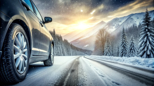 Car on snow road. Closeup of winter tires on snowy highway road