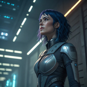 Cyberpunk character in a futuristic setting. Caucasian female with dark blue hair, youthful yet mature look. Wearing a metallic gray and silver bodysuit. Standing confidently in a dimly lit room with neon lights casting shadows.
