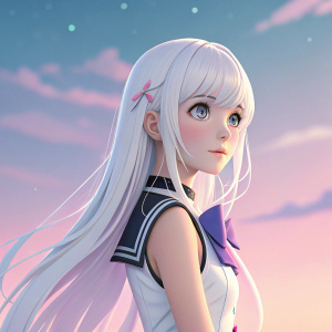 3D render of an anime girl. She has long white hair and wears a sleek, stylized outfit. The background is a gradient of soft pastel colors.