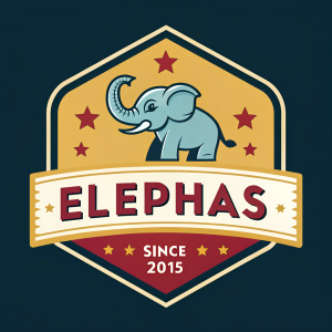 A vibrant logo design showcasing the brand 'ELEPHAS'. The logo includes a playful cartoonish elephant, bold 'SINCE 2015' text. The logo is banner-shaped with a gold-colored border on a dark background.