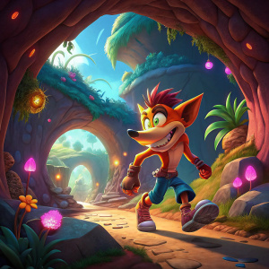 Crash Bandicoot in a vibrant, animated landscape. The scene depicts a large, colorful cave with glowing elements and various textures. Crash moves through the cave, set in a stylized, cartoonish environment.