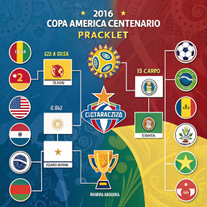 Visual representation of the 2016 Copa America Centenario tournament. Teams bracket structure, vibrant colors, logos, and symbols.