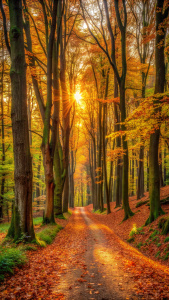 en un bosque frondoso un camino donde se ve el atardecer en ambiente de otoño con muchas hojas cayendo en tonos marrones y verdes