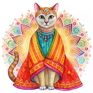  A regal cat adorned in vibrant Marathi traditional sarees, sitting gracefully amidst a backdrop of intricate rangoli patterns and colorful festivities.