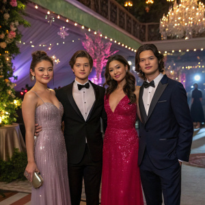 Danielle Campbell, Nolan Sotillo, Yin Chang, and Thomas McDonell at a glamorous gala. Various outfits, vibrant decor