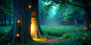 Dark mysterious woods at midnight. Bright, vibrant colors. A lit window in the trunk of a big old oak. Tiny glowing fireflies in the air. A lot of green. There is an old lamppost in the clearing.