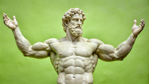 male bodybuilder with muscles made from marble stone like ancient greek statue spread hands 