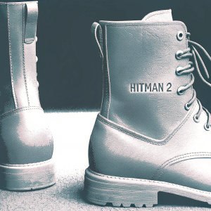 Dark grey combat boots, sleek design, lace-up closure, durable material. Illustration in monochrome tones, dark background. Hitman 2 logo prominently featured