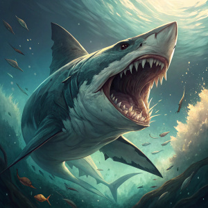 Digital art featuring Squalo, a shark-like character. Intense, fierce expression. Anime-style illustration.