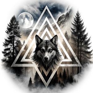 valknut runes pattern geometric symbols - wolf and trees - tattoo design - perfect realistic art - high-definition - grey and black - white background 