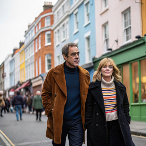 James Nesbitt and Sonia Forbes-Adam strolling down a bustling city street. Multicolored buildings and a crowd of people in the background. James wears a brown suede jacket and black coat, while Sonia is in a cozy striped sweater.