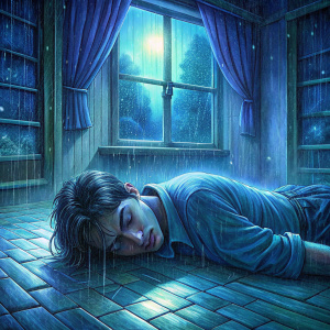 a dark-haired man lying face down on the floor inside the house while it's pouring rain outside in the night from the window