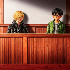 Illustration of two anime characters from the manga series 'Lookism'. One with blonde hair and a black jacket, the other with black hair and a green jacket. They stand against a plain white backdrop.