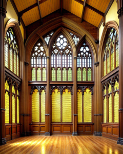 grand lobby wood hight wall hight 4 window gothic glass- high-definition - brown and black wood wall- old wood grey background 