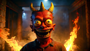 Demon Bart Simpson with devil horns, He looks very crazy, extremely creepy, Location Dark Room 