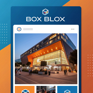 A screenshot showcasing the sleek and vibrant design of Box Blox's Instagram page. Modern layout featuring blue and orange tones, the logo prominently displayed. Captivating event picture alongside social media icons for easy navigation.