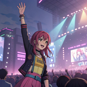 Kairi Sane, in anime style, waving hand in front of crowded concert venue. Neon lights and loud music