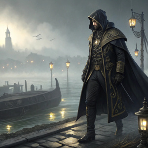 Illustration design for Dishonored 2 featuring Corvo Attano in elaborate, ethereal black cloak adorned with gold embroidery. Standing on misty waterfront, lanterns casting eerie light. Detailed textures, moody atmosphere.