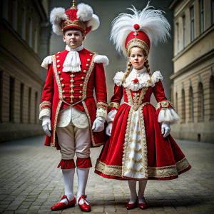 Rheinisches Prinzenpaar Karneval  in einem rot-weißen Kostüm, Prinz mit Komiteemütze und Fasanenfeder, Stiefeln, authentisches Kostüm, Prinzessin mit Krone oder Diadem, Kleid im Stil, hochwertiges Kostüm, hochwertiges Theaterkostüm, Kostüm, aufwendiges Kostüm, weiß und rote, Kostüm mit Spitzen, Schuhe rot, photorealistisch, ganzkörper beider Personen