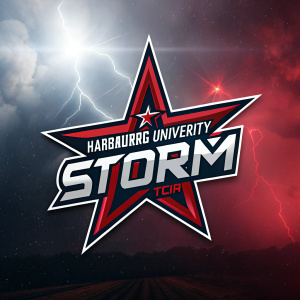 Modern logo design for Harrisburg University's Storm team. Stylized star graphic with metallic accents. Dark, stormy background with gradient effect. Bright red highlights. Central focus.
