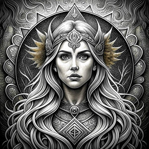 Saga, The Seer - Nordic Goddess of Sagas & Myths perfect realistic art, high-definition grey and black, white background tattoo design