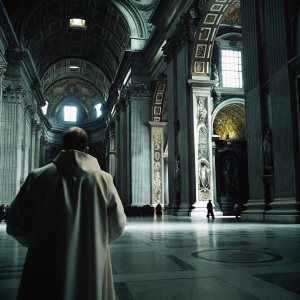 The interior of St. Peter's Basilica, Vatican City. Grand architecture with towering columns, intricate stained glass windows, and gold accents. Photography