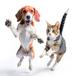 PERRO BEAGLE Y GATO SALTANDO MIENTRAS JUEGAN ENTRE SI FONDO BLANCO