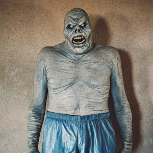 Clayface, the DC Comics villain, standing menacingly. His decaying face, sharp features, and wide-open mouth are clearly visible. Wearing blue shorts. Against a plain white background.
