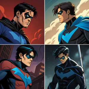 Various comic book panels showcasing Nightwing in different outfits and dramatic poses. Dark and vivid backgrounds.