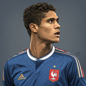 Digital illustration of Raphael Varane. French national team player, wearing blue jersey with team logo. Close-up of his face, Adidas and small French flag emblem. Solid grey background.