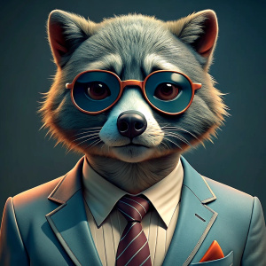 a racoon wearing a suit and sunglasses, a 3D render by Alex Petruk APe, cgsociety, maximalism, daz3d, rendered in maya, maximalist
